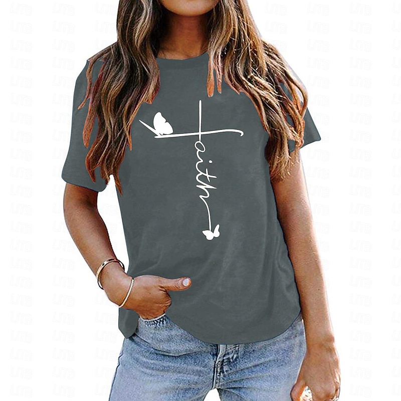 Women's T Shirt Butterfly Letter Faith Basic Short Sleeve Round Neck Regular Tops Daily Navy blue (white font) Black (white font) Dark green (white font) dark grey (white font) Burgundy (white font)
