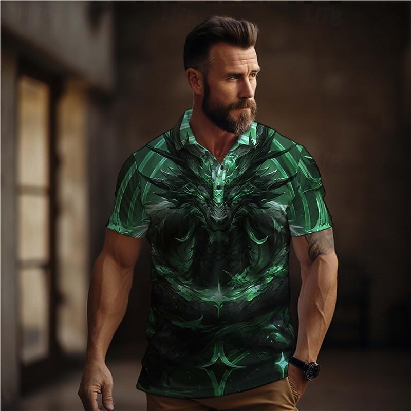 Men's Dragon Golf Shirt Short Sleeve Polo Shirts Collared Shirts Casual Funny Vacation Wear Party Outfits Buttons 3D Print Summer Blue Purple Gold2