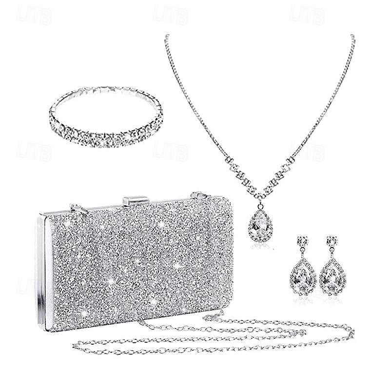 Bride Jewelry Set Water Diamond Water Drop Wave Necklace Earrings Bracelet Diamond Face Square Box Dinner Bag Set of Four