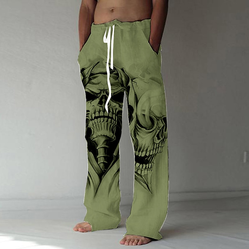 Men's Skull Graphic Prints Linen Pants Trousers Baggy Pants Mid Waist Fashion Big and Tall Casual Daily Elastic Drawstring Design Front Pocket Straight Leg Spring & Summer 3D Print White Green Khaki4