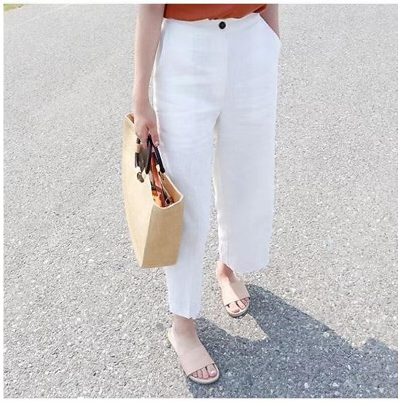 Women's Cotton Linen Pants Pants Trousers Fashion Ankle-Length Plain Side Pockets Breathability Comfortable Inelastic Casual Daily Black White Khaki Beige Spring &  Fall3