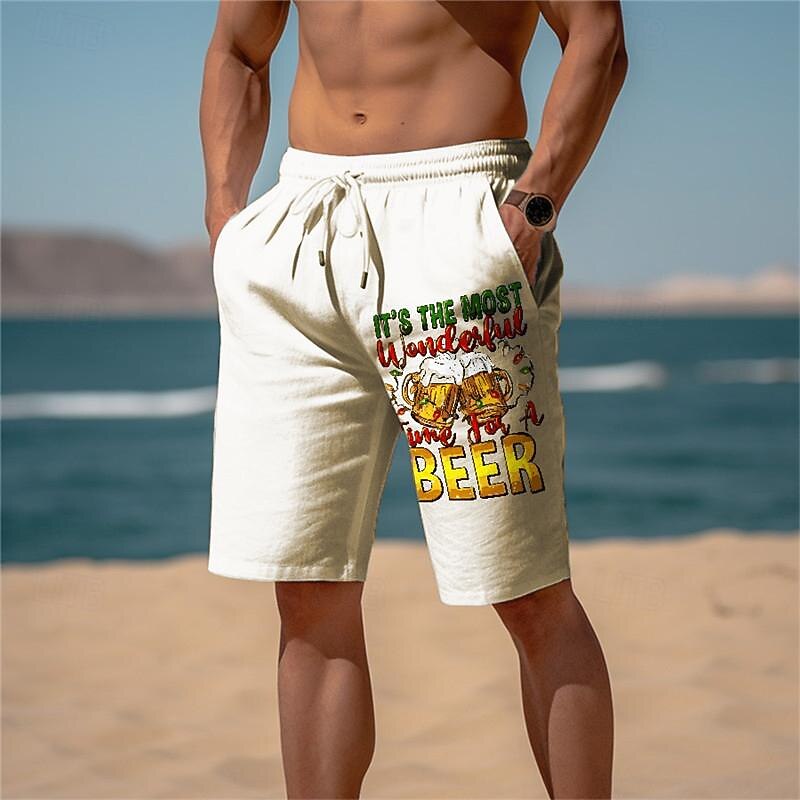 Oktoberfest Men's Linen Shorts Beer Shorts Beach Shorts Drawstring Elastic Waist Print Graphic Prints Beer Breathable Soft Short Casual Daily Holiday Streetwear Designer ArmyGreen Black3