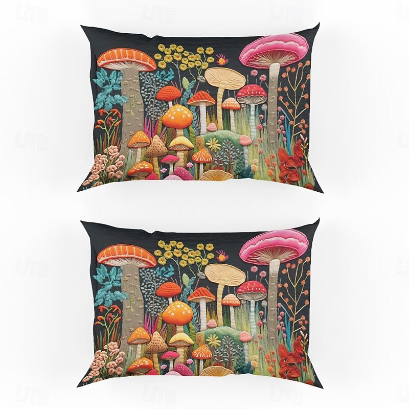 Pillowcases Set of 2 Queen Size Mushroom Pattern Duvet Cover Set Printed Pillow Cases Soft Breathable Cooling Pillowcase Decorative Pillow Cover (20x30 Inches)