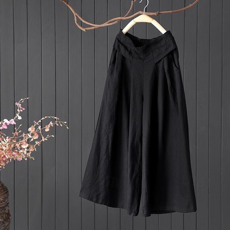 Women's Wide Leg Linen Pants Pants Trousers Fashion Full Length Plain Wide Leg Breathability Comfortable Inelastic Casual Daily Black White Yellow Spring &  Fall3