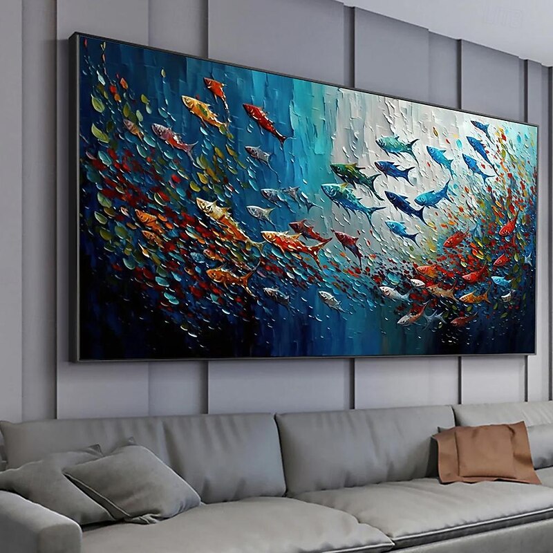 Mintura Handmade Abstract Fish School Oil Paintings On Canvas Wall Art Decoration Modern Picture For Home Decor Rolled Frameless Unstretched Painting4