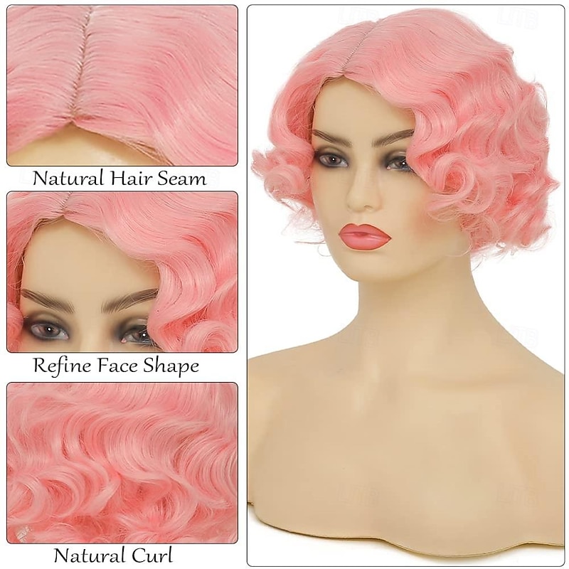Short Pink Curly Wig for Women 1920S Finger Wave Hair Wig Soft Synthetic Heat Resistant Cosplay Costume Party Wig Halloween Wigs4