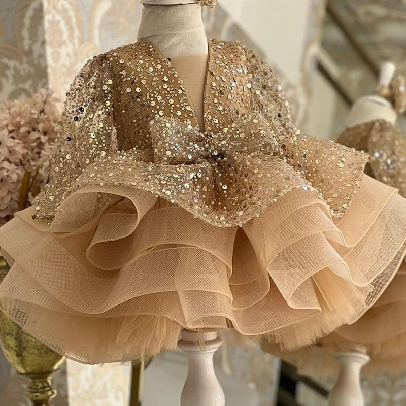 Kids Girls' Party Dress Solid Color 3/4 Length Sleeve Performance Wedding Mesh Princess Sweet Mesh Mid-Calf Sheath Dress Tulle Dress Flower Girl's Dress Summer Spring Fall 2-12 Years Camel3