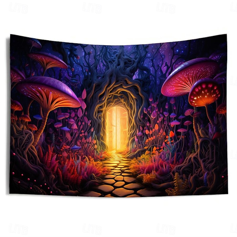 Blacklight Tapestry UV Reactive Glow in the Dark Glow Party Neon Mushrooms Forest Psychedelic Trippy Misty Hanging Tapestry Wall Art Mural for Living4