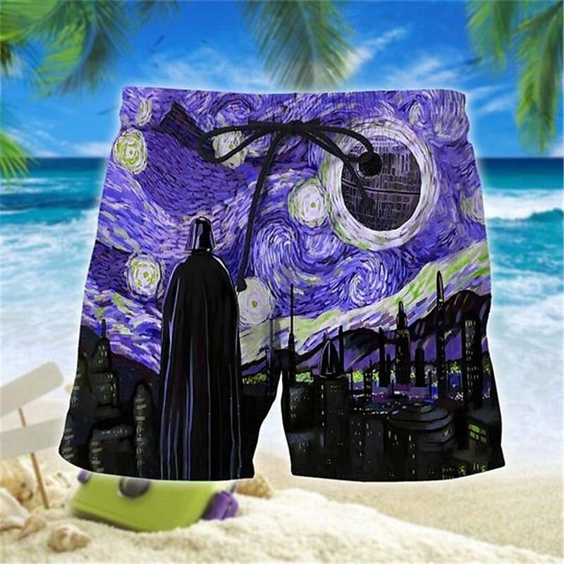 Men's Painting Starry Sky Swim Shorts Board Shorts Swimming Trunks Mid Waist Vacation 3D Print Hawaiian Vacation Holiday Beach Drawstring with Mesh lining Elastic Waist Designer Clothing Apparel3