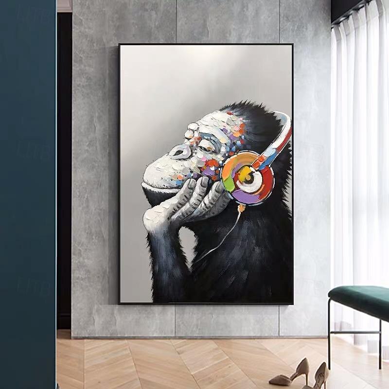 Mintura Handmade Abstract Animal Listen To Music Gorilla Oil Paintings On Canvas Wall Art Decoration Modern Picture For Home Decor Rolled Frameless Unstretched Painting3
