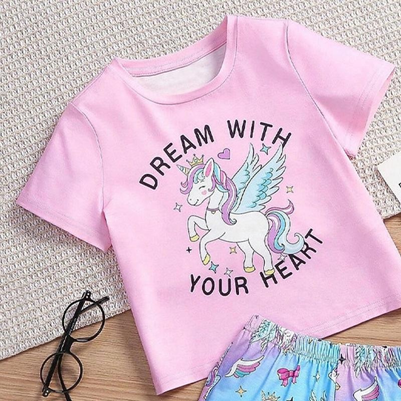 Girls' 3D Unicorn Tee & Shorts Pajama Set Pink Short Sleeve 3D Print Summer Active Fashion Cute Polyester Kids 3-12 Years Crew Neck Home Causal Indoor Regular Fit3