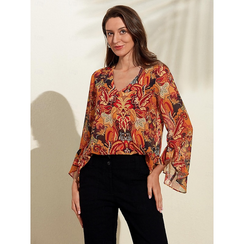 Chiffon Paisley Ruffle Sleeve Blouse3