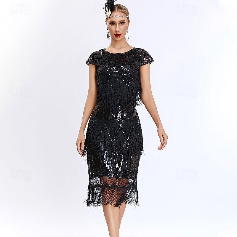 Retro Vintage Roaring 20s 1920s Midi Flapper Dress Dress The Great Gatsby Flapper Girl Wedding Guest Sequins Tassel Fringe Sequin Round Neck Fancy Dress Women's Performance Wedding Wedding Guest