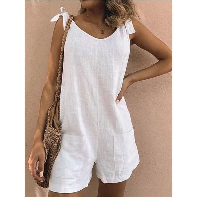 Women's Normal Romper Basic Solid Color Sleeveless V Neck Pocket Daily Weekend Regular Fit White Yellow Blue Summer2