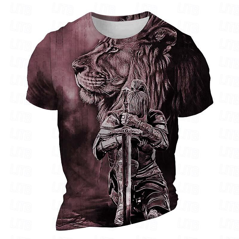 Men's Graphic Lion Knights Templar Gothic Horror T Shirt Short Sleeve T shirt 3D Print Crew Neck Shirt Gothic Subculture Sports Outdoor Holiday Going out Burgundy Blue Purple Spring & Summer Clothing2