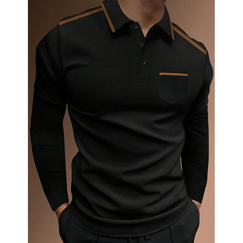 Men's Polo Shirt Button Up Polos Casual Sports Lapel Long Sleeve Fashion Basic Color Block Patchwork Button Spring &  Fall Regular Fit Black Polo Shirt2