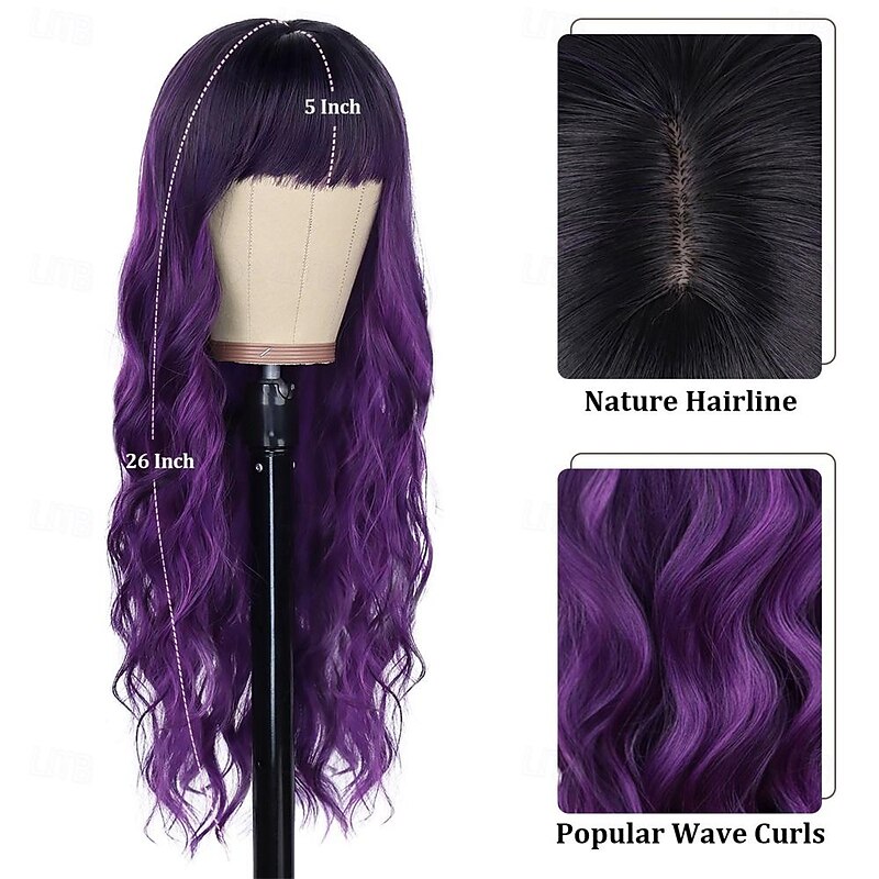 Purple Wig With Bangs Black and Purple Wig Long Curly Wavy Wig with Dark Roots Heat Resistant Synthetic Ombre Wigs for Women Daily Party Use2
