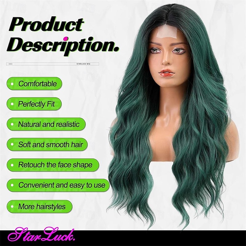 Long Ombre Green Wavy Wig for Women 26 Inch Middle Part Curly Wig Natural Looking Synthetic Heat Resistant Fiber Wig for Daily Party Use St.Patrick's Day Wigs Halloween Wigs3