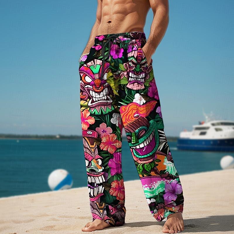 Tiki Tropical Aloha Men's Resort 3D Printed Casual Pants Trousers Elastic Waist Drawstring Loose Fit Straight-Leg Summer Beach Pants S TO 3XL4