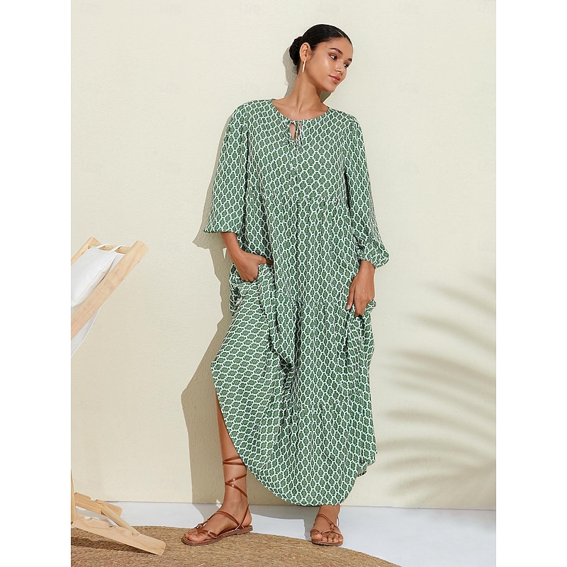 Women's A Line Dress Hem Maxi Maxi Dress Green Long Sleeve Geometic Geometrical Geometrical Spring V Neck Pattern Dress Simple fashion style Vacation S M L