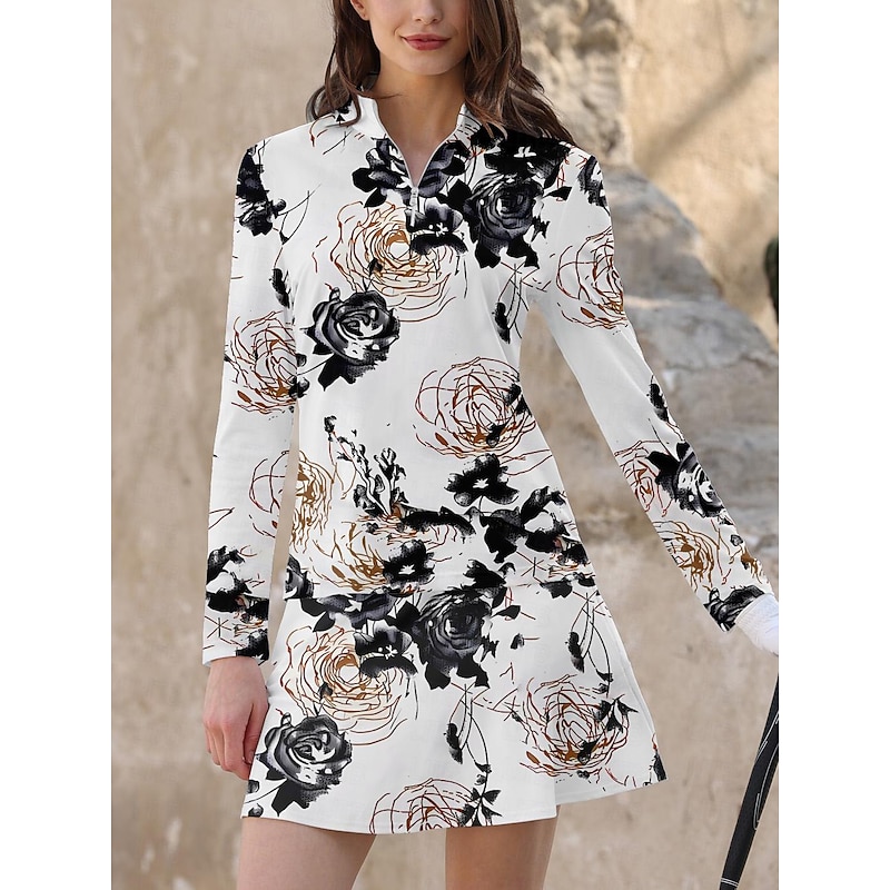 Women's Golf Polo Shirt White Long Sleeve Sun Protection Top Floral Fall Winter Ladies Golf Attire Clothes Outfits Wear Apparel