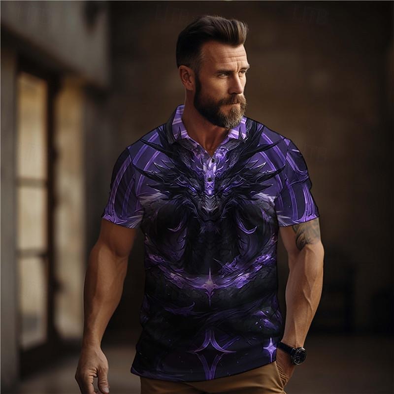 Men's Dragon Golf Shirt Short Sleeve Polo Shirts Collared Shirts Casual Funny Vacation Wear Party Outfits Buttons 3D Print Summer Blue Purple Gold4