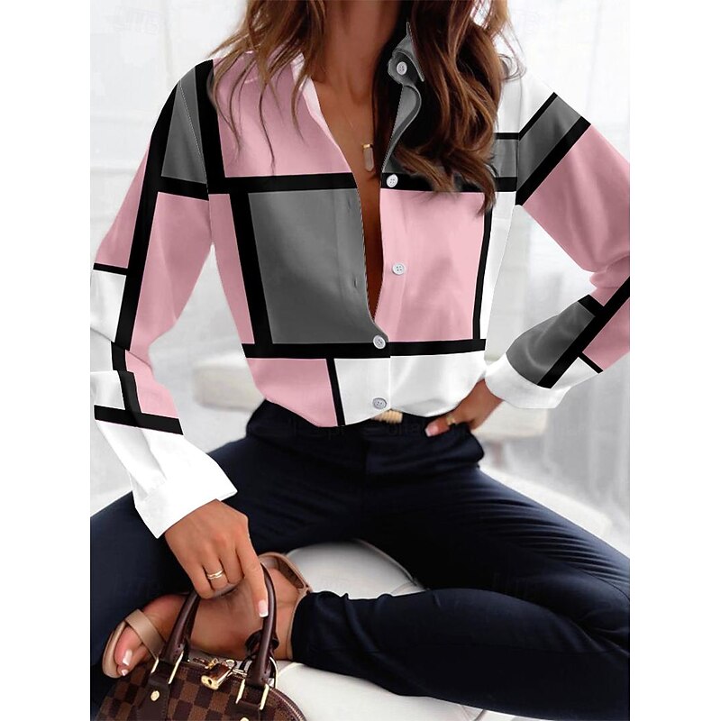 Women's Shirt Button Down Tunic Shirt Collar Long Sleeve Fashion Plaid s Print Regular Tops Casual Pink Purple Spring & Fall