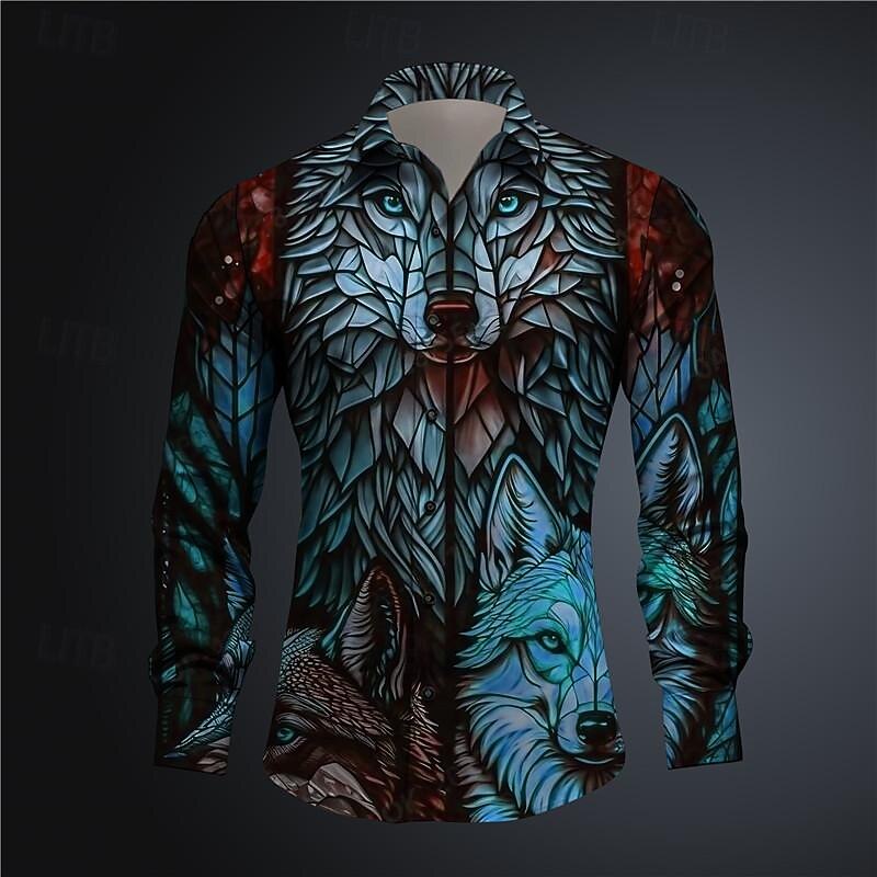 Men's Color Block Wolf Colorful Button Up Shirt Printed Shirts Long Sleeve Subcultural Vacation Party Street Spring & Summer Turndown Print Button-Down Pink Blue Purple Green4