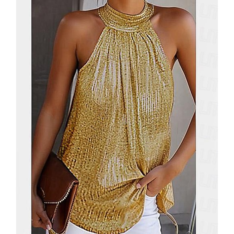 Women's Plus Size Camisole Tank Top Summer Tops Blouse Plain Sexy Basic Beach Sleeveless Halter Neck Daily Pleated Cut Out Silver Black Yellow2