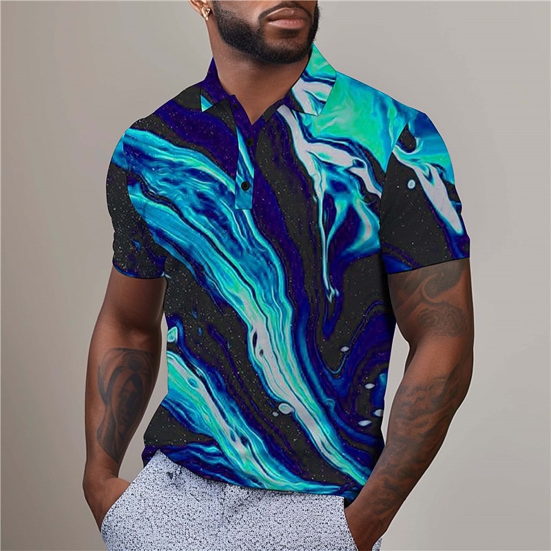 Men's Graphic Golf Shirt Short Sleeve Polo Shirts Collared Shirts Casual Vacation Wear Rave Wear Party Outfits Buttons 3D Print Summer Blue Purple Green3