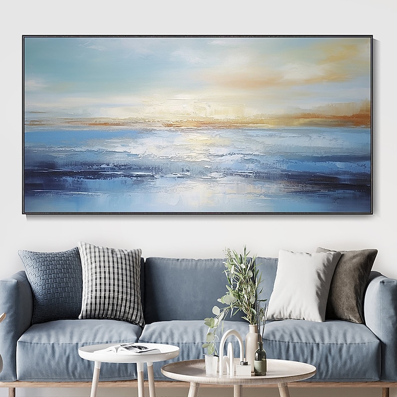Hand Painted Abstract Ocean Oil Painting Wall Art Beach Seascape Canvas Textured painting Wall Art Hand-Painted Blue Sky Clouds Painting Home Decoration on canvas