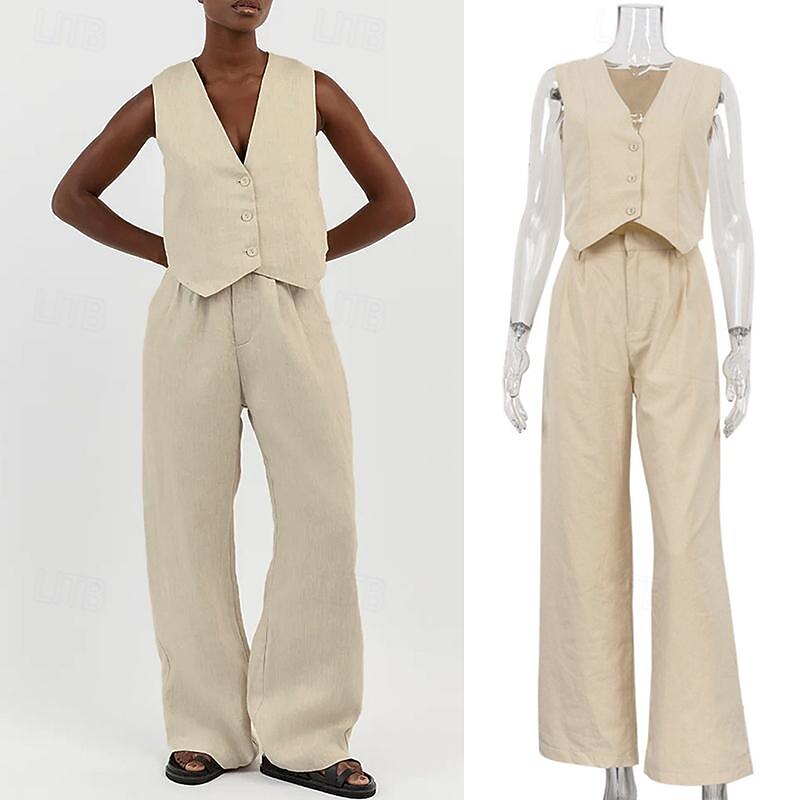 Set with Linen Vest Wide Leg Pants Trousers Women's Retro Vintage 1980s Outfits Casual Daily Spring Summer Beach Cozy