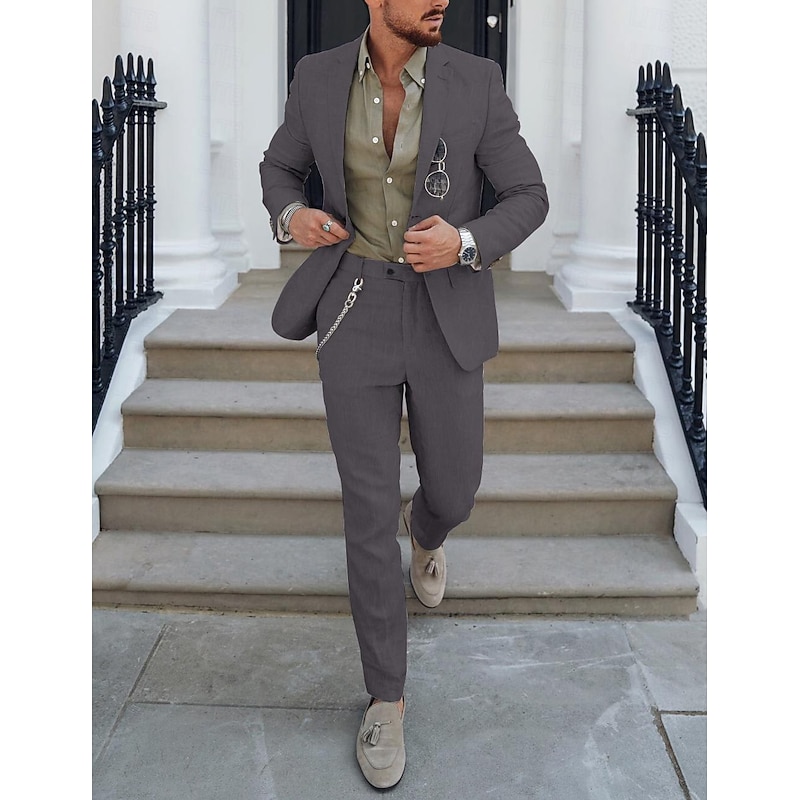 Men's Wedding Linen Linen Suits Notch Ivory Champagne Lightweight Casual Solid Colored Tailored Fit 2 Piece Single Breasted One-button3