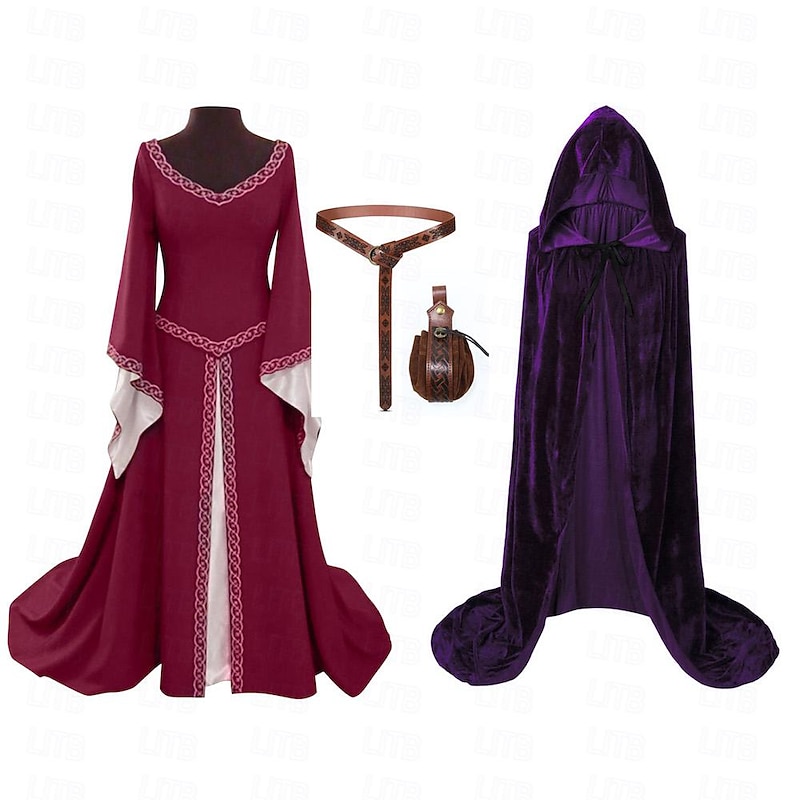 Medieval Renaissance Cocktail Dress Waist Belt Prom Dress Hooded Cloak Viking Outlander Elven Fancy Dress Women's Celtic Fantasy Royal Halloween Carnival Masquerade Party Festival Adults' Coat Dress2