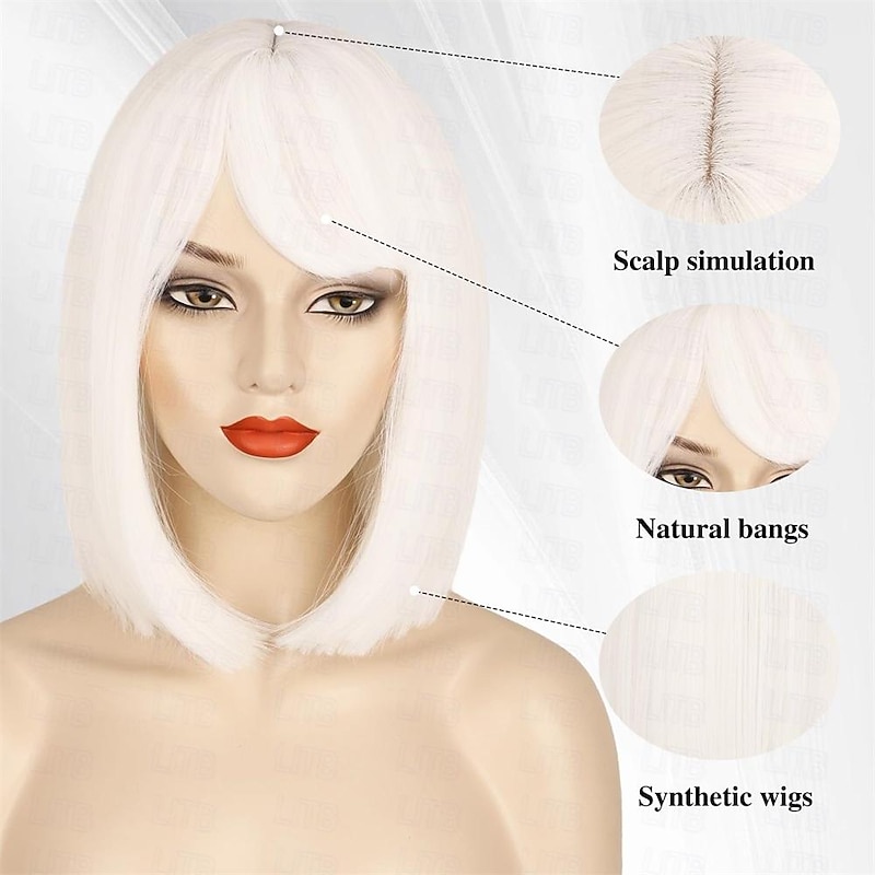 White Bob Wigs for Women short white wig with bangs Straight Bob Wigs Synthetic Cosplay Daily Party Wig Halloween Wigs2