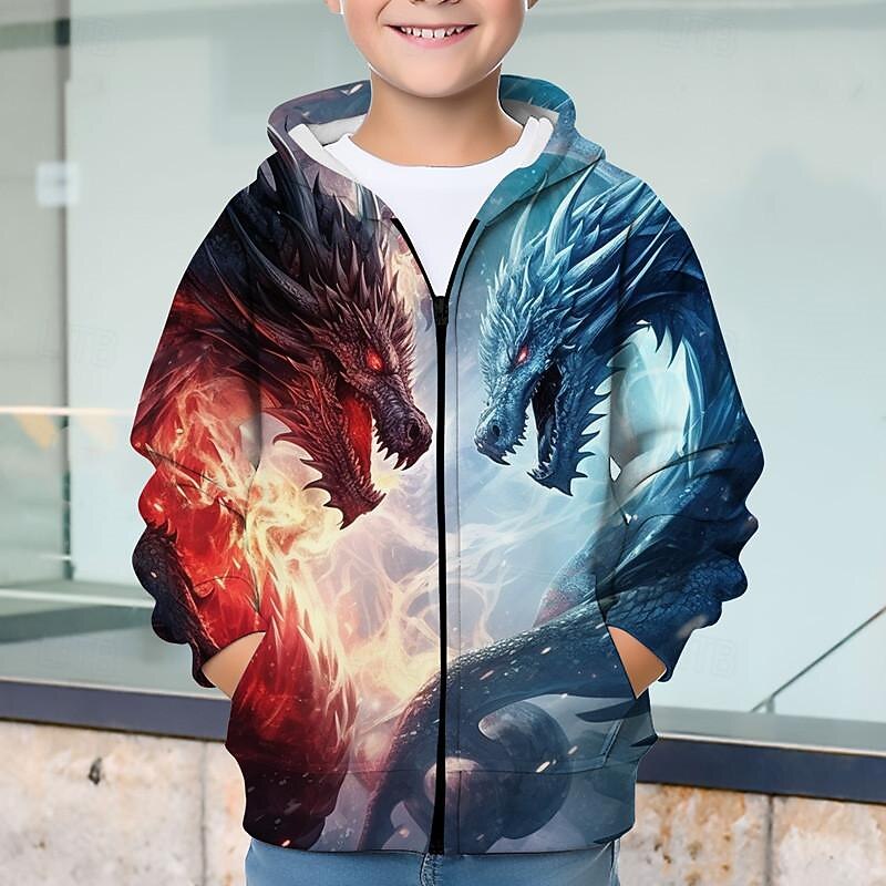 Boys 3D Dragon Hoodie Coat Outerwear Long Sleeve Fall Winter Active Streetwear Cool Kids 3-12 Years Zip Street Daily Regular Fit
