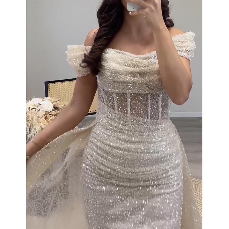 Sheath Prom Dresses Elegant Dress Formal Prom Floor Length Short Sleeve Off Shoulder Sequined with Glitter Ruched Masquerade Dress4