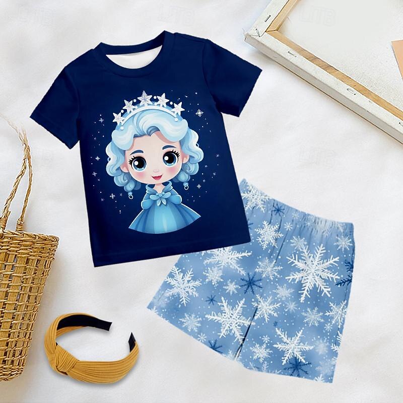 Girls' 3D Snowflake Princess Tee & Pants Pajama Sets Short Sleeve 3D Print Summer Active Fashion Cute Kids 3-12 Years Crew Neck Home Causal Indoor Regular Fit2