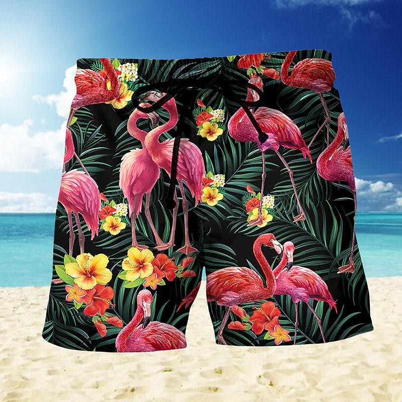 Men's Leaf Flamingo Swim Trunks Swim Shorts Board Shorts Mid Waist Hawaiian Casual Holiday Beach Drawstring with Mesh lining Elastic Waist Designer Clothing Apparel2