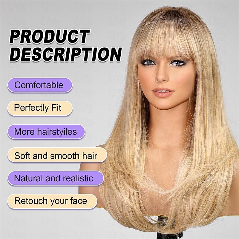 Blonde Long Layered Wig with BangsStraight Hair Wigs for WomenSynthetic Heat Resistant Natural Looking Hair Wig for Party Cosplay Dality Use Halloween Wigs3