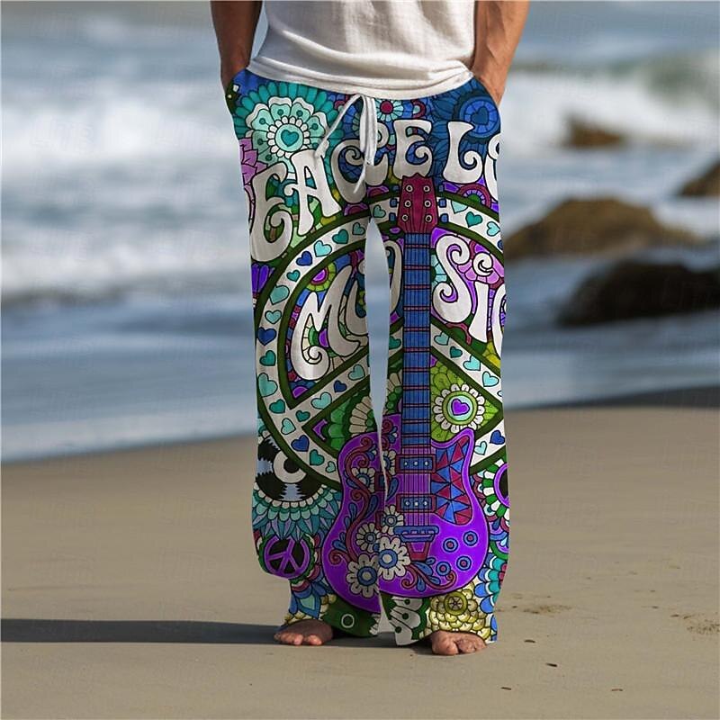 Guitar Hippie Men's Resort 3D Printed Casual Pants Trousers Elastic Waist Drawstring Loose Fit Straight-Leg Summer Beach Pants S TO 3XL4