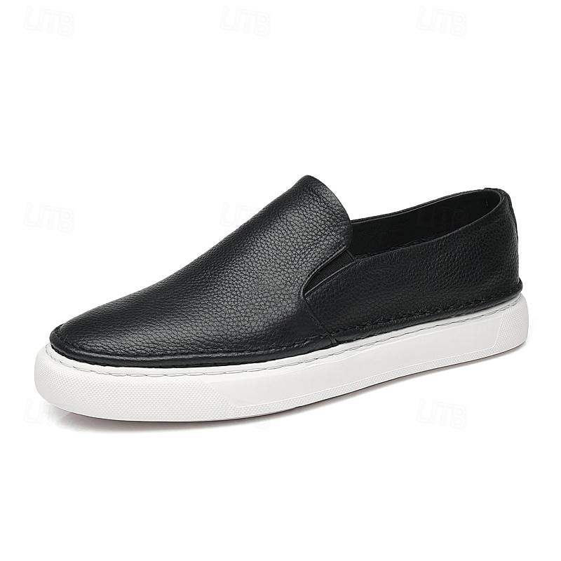 Men's Black Leather Slip-On Sneakers with Cushioned White Sole and Minimalist Design, Casual Loafers for Work, Travel and Everyday Wear
