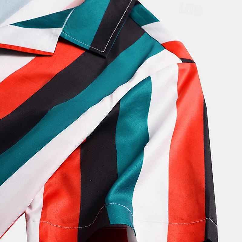Men's Summer Shirt Casual Shirt Bowling Shirt Button Up Shirt Yellow Red Blue Green Short Sleeve Color Block Stripes Turndown Vacation Hawaiian Patchwork Clothing Apparel Polyester Fashion Casual4