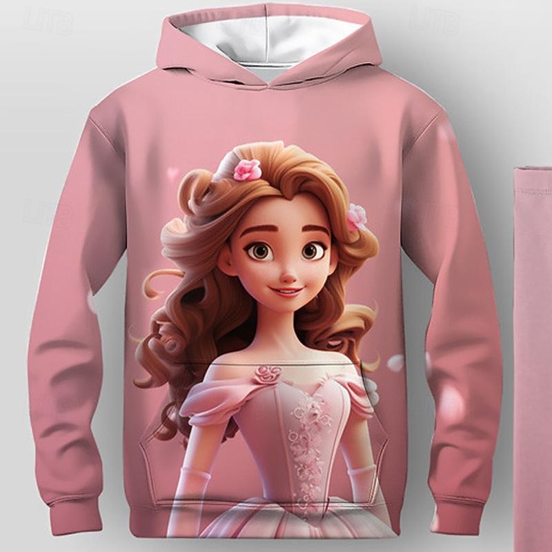 Girls' 3D Cartoon Hoodie & Legging Set Pink Long Sleeve 3D Print Spring Fall Active Fashion Daily Kids 3-12 Years Hooded Outdoor Vacation Date Regular Fit4