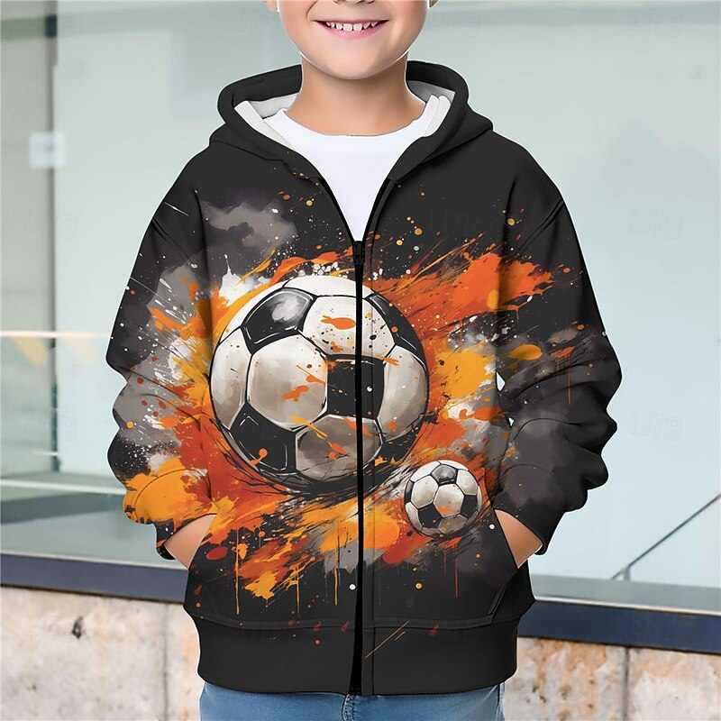 Boys 3D Football Hoodie Coat Outerwear Long Sleeve Fall Winter Active Streetwear Cool Kids 3-12 Years Zip Street Daily Regular Fit2