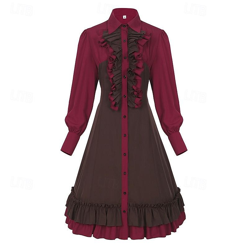 Gothic Lolita Punk & Gothic Steampunk Dress Bishop Sleeve Flounced Color Block Turndown Fancy Dress Women's Fantasy Steampunk Performance Masquerade Adults' Dress All Seasons3