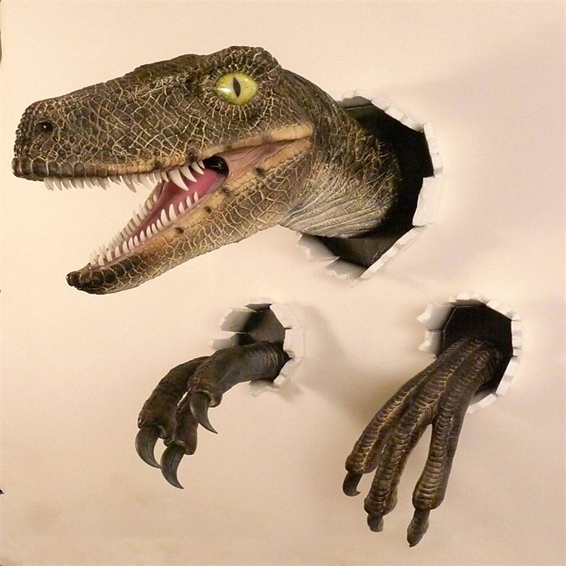Velociraptor Statue Wall, Wall Mount Dinosaur Head Sculpture, Dinosaur Bust Decor2