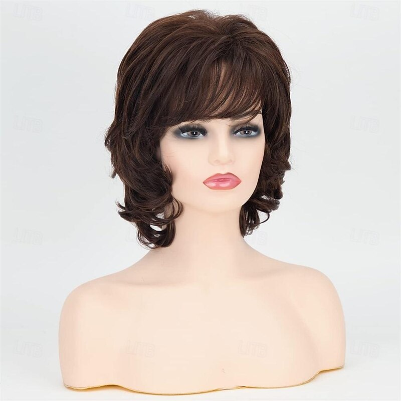 Brown Short Wavy Wigs for White Women with Bangs Medium Shaggy Wave Curly Wig Layered Natural Looking Synthetic Daily Party Wig2