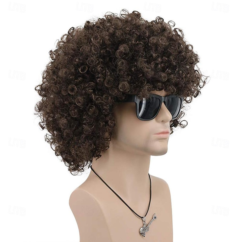 Adult Unisex 60s 70s 80s Short Golden Curly Afro Synthetic Disco Rocker Hippies Hair California Carnival Cosplay Anime Costume Wig Halloween Wigs3