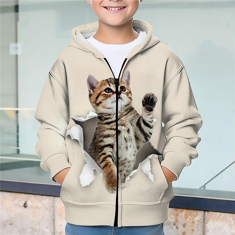 Boys 3D Cat Hoodie Coat Outerwear Long Sleeve Fall Winter Active Streetwear Cool Polyester Kids 3-12 Years Zip Street Daily Regular Fit3